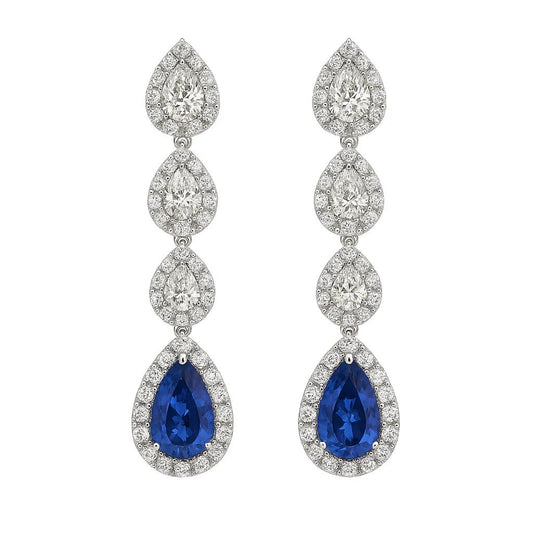 King Jewelers Pear Diamond and Blue Sapphrie Drop Earrings 18K White Gold