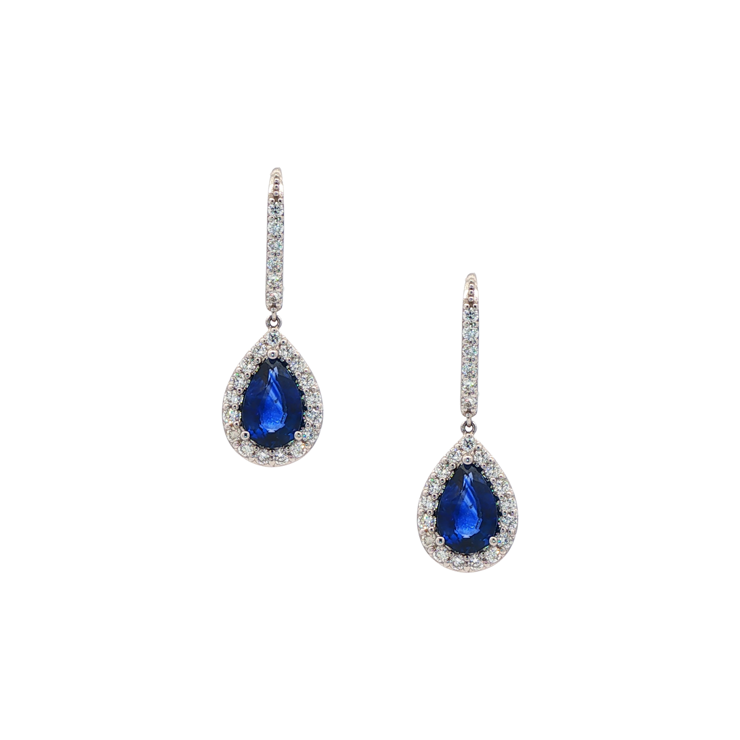 King Jewelers Pear Blue Sapphire Diamond Halo Drop Earrings 18K White Gold