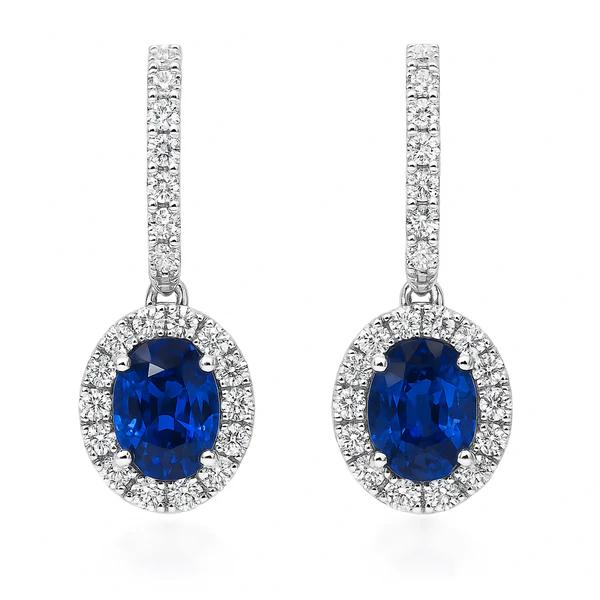 King Jewelers Oval Blue Sapphire and Diamond Drop Earrings 18K White Gold