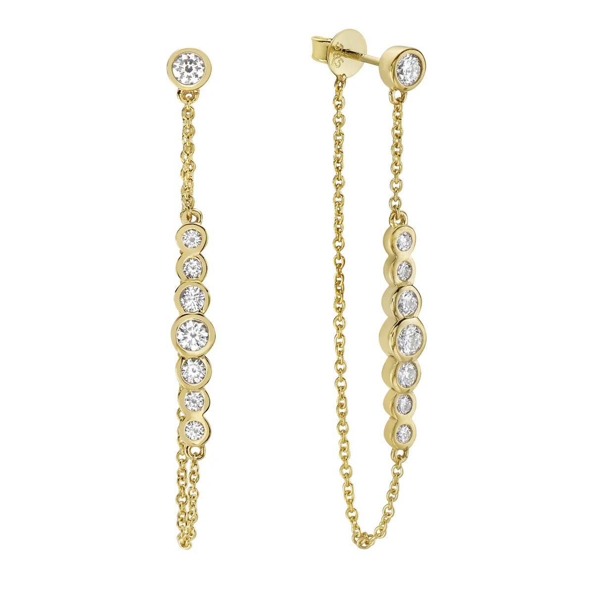 King Jewelers Diamond Bezel Chain Drop Earrings 14K Yellow Gold