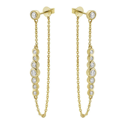 King Jewelers Diamond Bezel Chain Drop Earrings 14K Yellow Gold