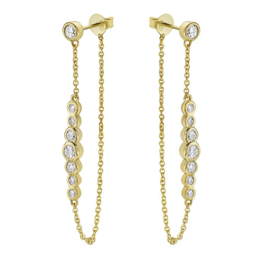 King Jewelers Diamond Bezel Chain Drop Earrings 14K Yellow Gold