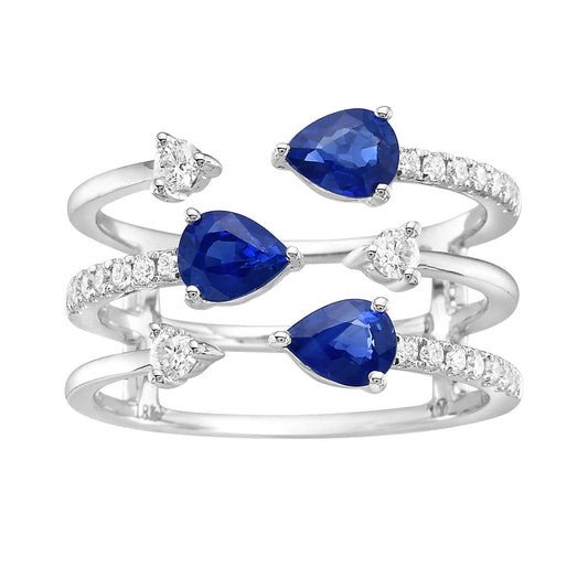 King Jewelers Blue Sapphire and Diamond Open Multirow Ring 18K White Gold