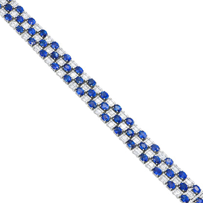King Jewelers Multirow Blue Sapphire and Diamond Bracelet 18K White Gold