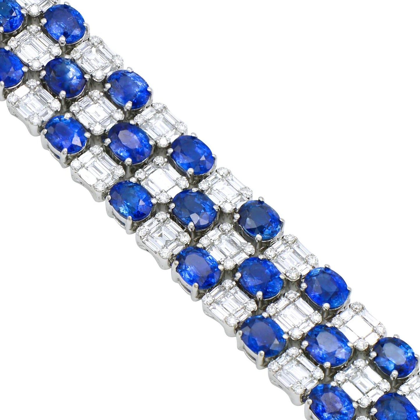 King Jewelers Multirow Blue Sapphire and Diamond Bracelet 18K White Gold