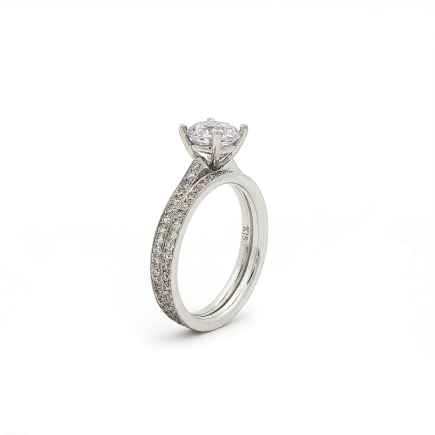 KJ5 18K White Gold Pavé Round Diamond Engagement Ring Mounting and Wedding Band Set