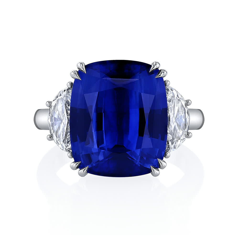 KJ5 Platinum Cushion Cut Sapphire and Diamond Three Stone Engagement Ring