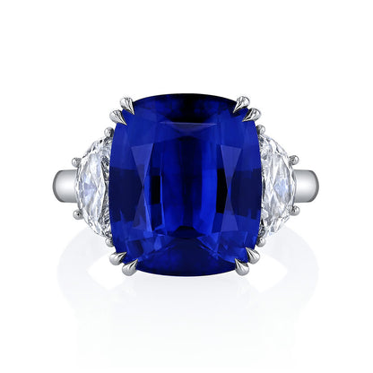 KJ5 Platinum Cushion Cut Sapphire and Diamond Three Stone Engagement Ring