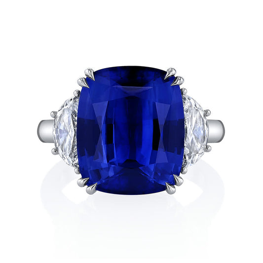 KJ5 Platinum Cushion Cut Sapphire and Diamond Three Stone Engagement Ring