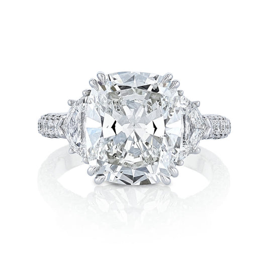 KJ5 Platinum Cushion Cut Diamond Three Stone Statement Engagement Ring