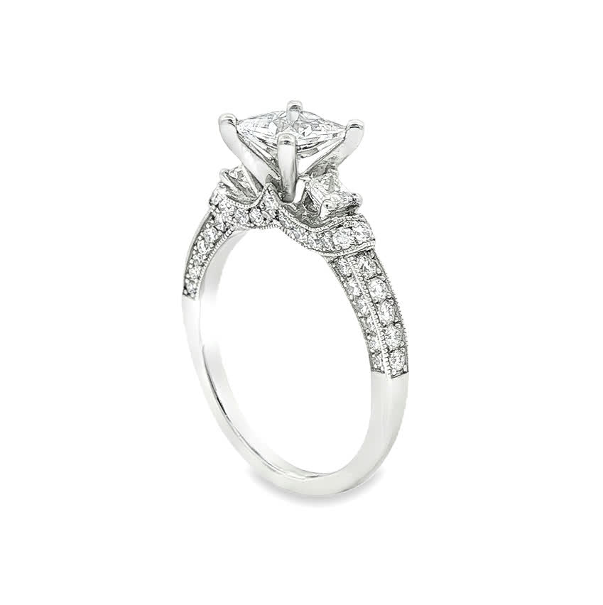 KJ5 Platinum Pavé Princess Cut Diamond Three Stone Engagement Ring Mounting