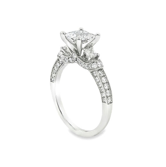 KJ5 Platinum Pavé Princess Cut Diamond Three Stone Engagement Ring Mounting