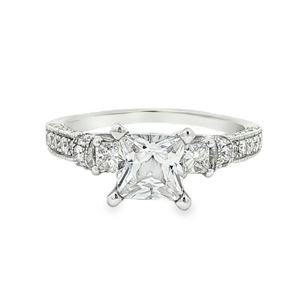 KJ5 Platinum Pavé Princess Cut Diamond Three Stone Engagement Ring Mounting