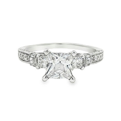 KJ5 Platinum Pavé Princess Cut Diamond Three Stone Engagement Ring Mounting