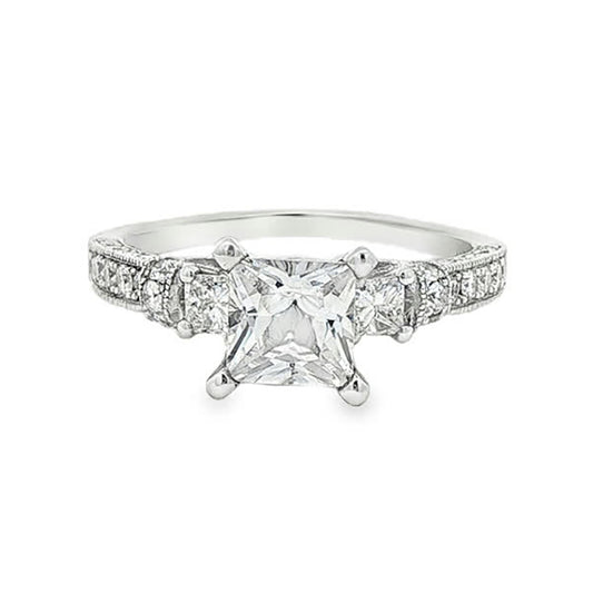 KJ5 Platinum Pavé Princess Cut Diamond Three Stone Engagement Ring Mounting
