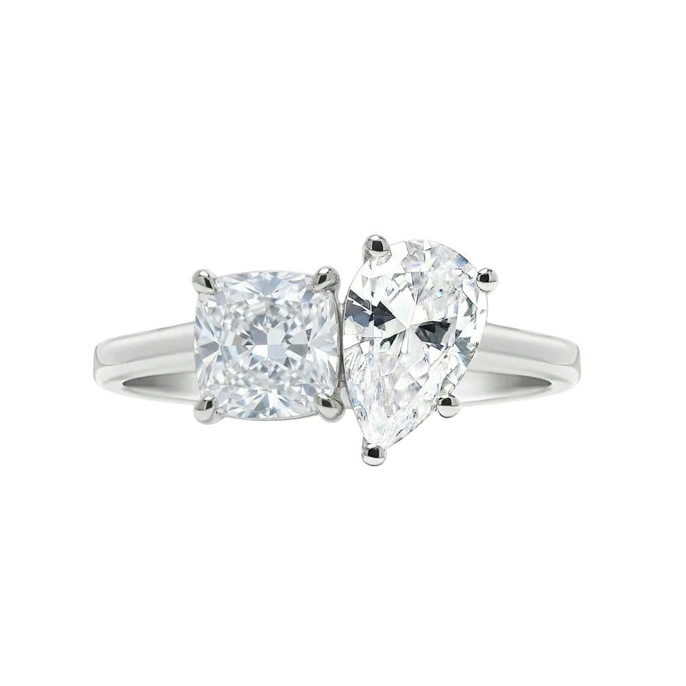 KJ5 18K White Gold Toi et Moi Pear and Cushion Cut Diamond Engagement Ring Mounting