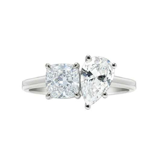 KJ5 18K White Gold Toi et Moi Pear and Cushion Cut Diamond Engagement Ring Mounting