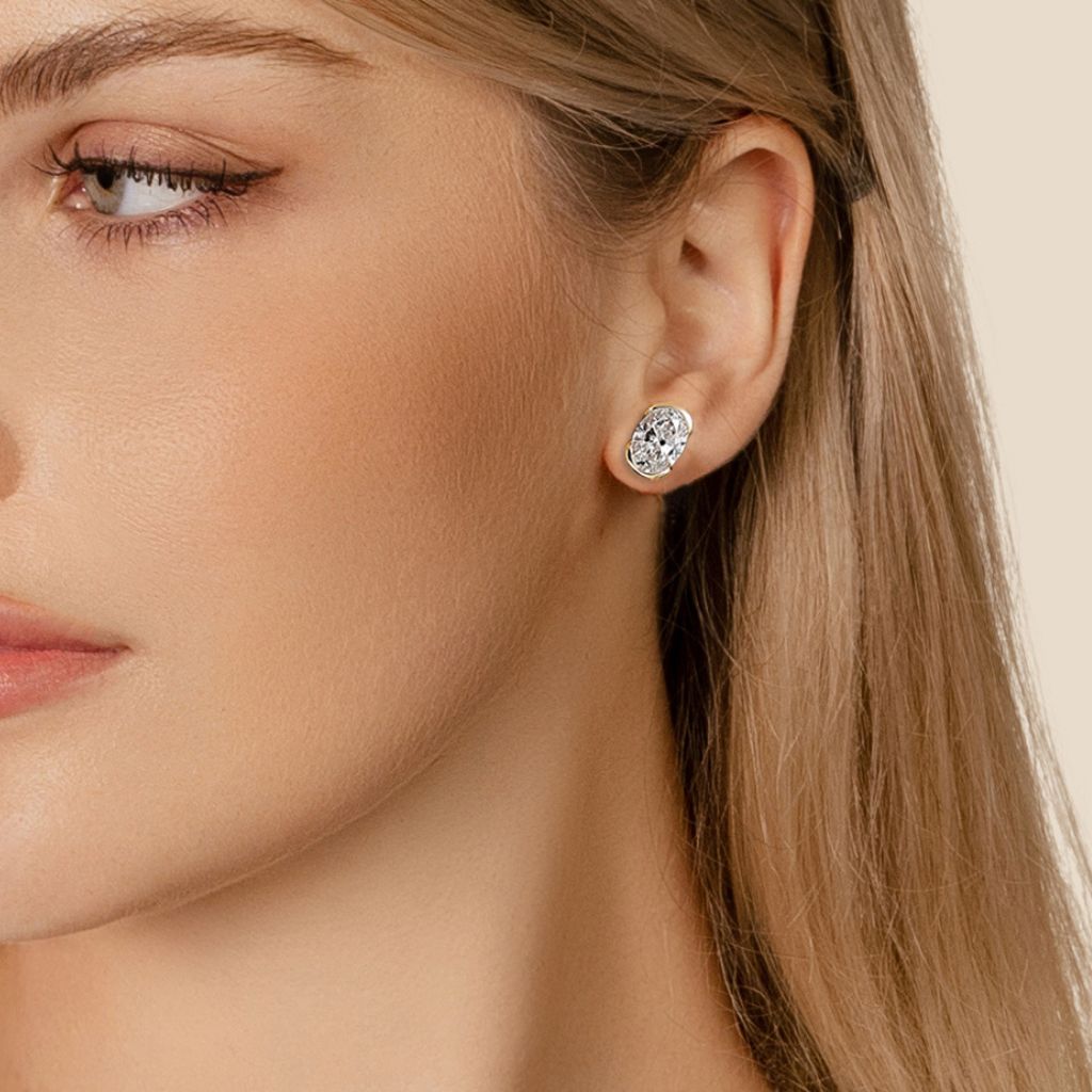 Ella Rose Lab Grown Diamond Oval Stud Half-Moon Earrings in 14K Yellow Gold