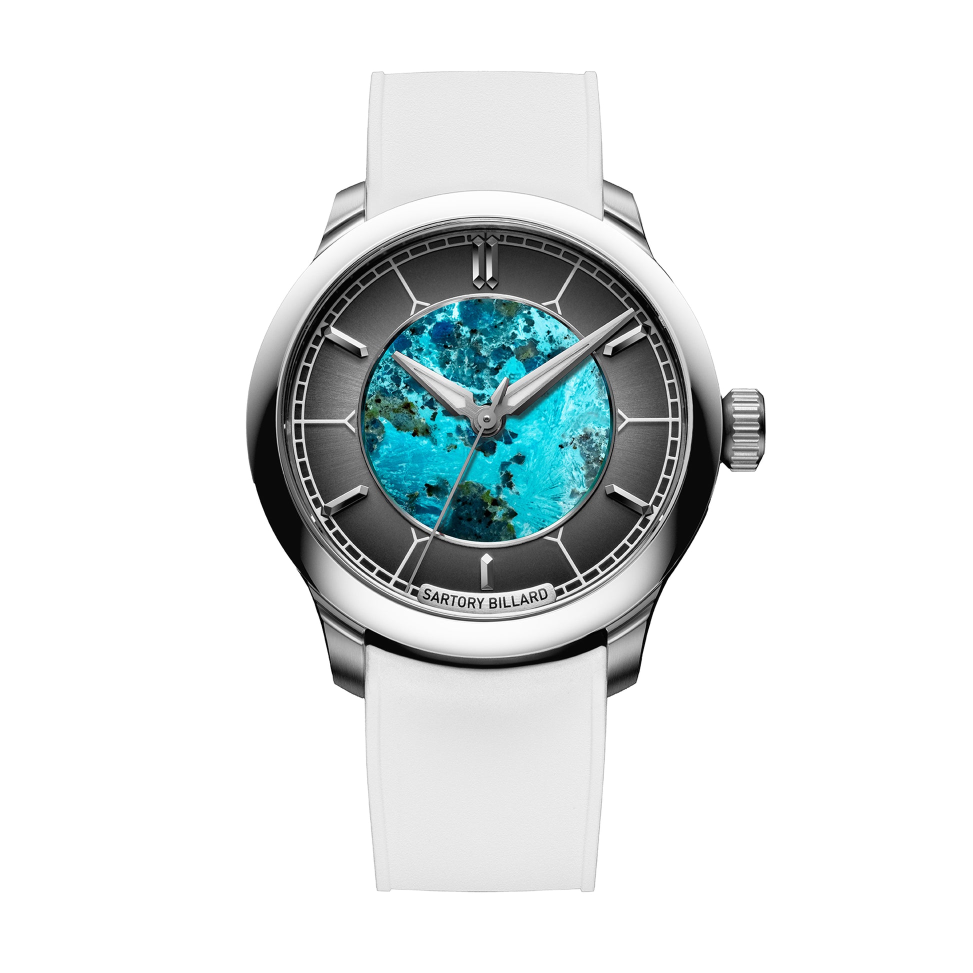 Sartory-Billard SB04-E Chrysocolla Platinum 39.5mm watch, front view of the turquoise Chrysocolla dial on white rubber strap