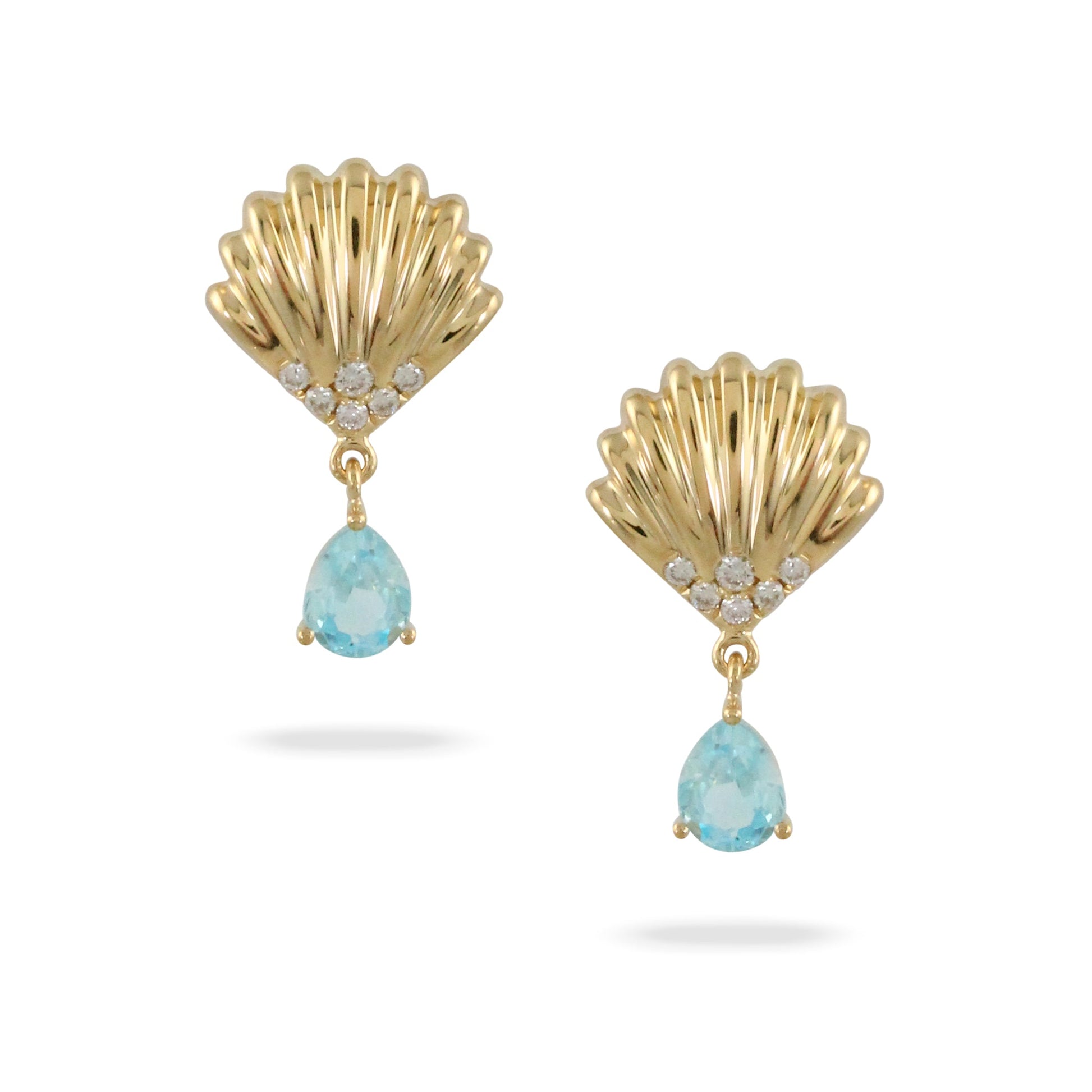 Doves Tropics 18K Yellow Gold Diamond Clam Shell Earrings with Sky Blue Topaz