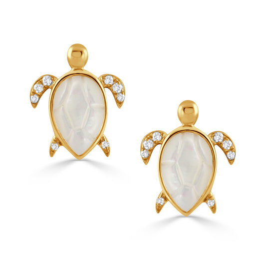 Doves Tropics 18K Yellow Gold Diamond Stud Earrings with Clear Quartz over White Mother of Pearl