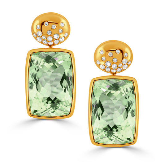 Doves Pouf 18K Yellow Gold Green Amethyst and Diamond Earrings