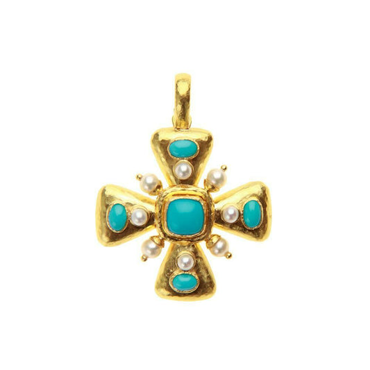Elizabeth Locke Sleeping Beauty Turquoise Maltese Cross Pendant