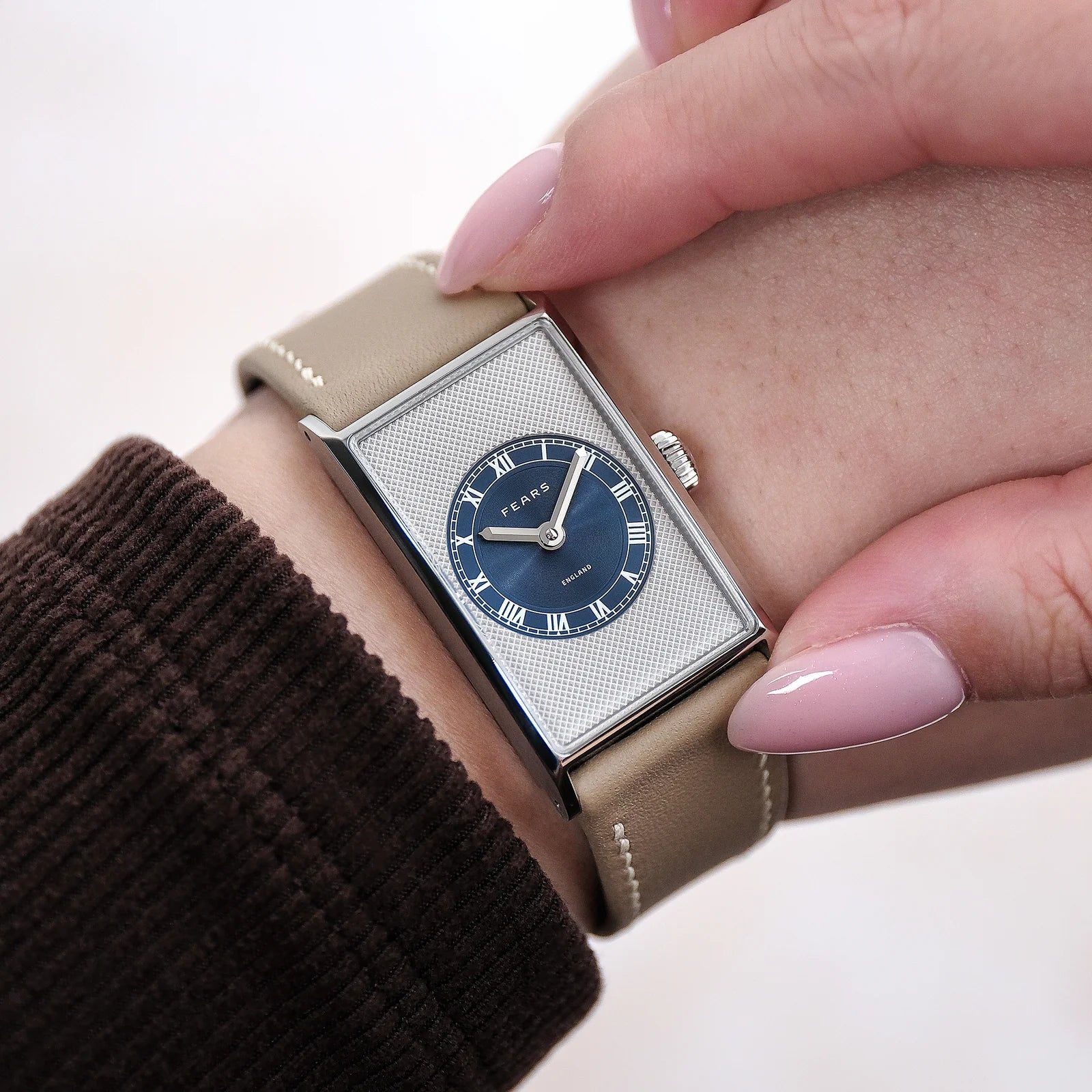 Fears Arnos Pewter Blue Dial Barenia Leather Strap Watch
