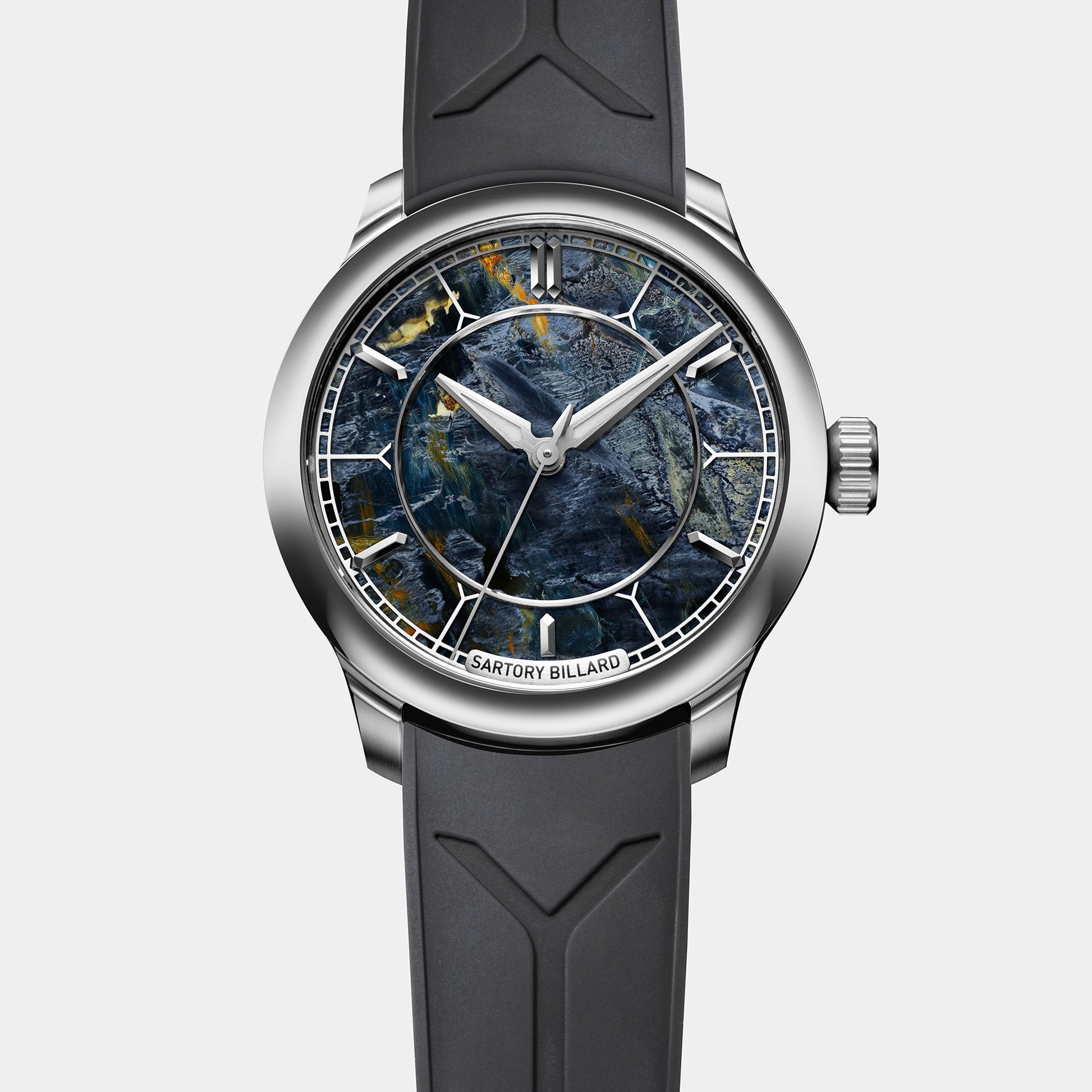 Sartory-Billard SB04-E Pietersite Platinum 39.5mm watch, front view of the storm-blue Pietersite stone dial on grey rubber strap