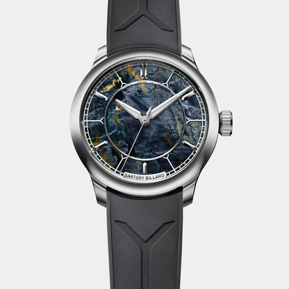 Sartory-Billard SB04-E Pietersite Platinum 39.5mm watch, front view of the storm-blue Pietersite stone dial on grey rubber strap