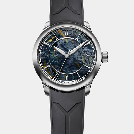 Sartory-Billard SB04-E Pietersite Platinum 39.5mm watch, front view of the storm-blue Pietersite stone dial on grey rubber strap