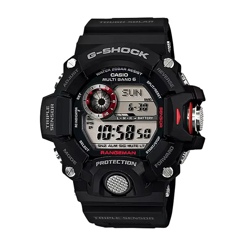 A black Casio G-Shock Rangman wristwatch with a digital display, featuring red accents on the bezel and side buttons, set against a plain white background. G-SHOCK GW9400-1-1