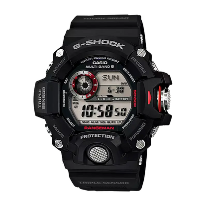 A black Casio G-Shock Rangman wristwatch with a digital display, featuring red accents on the bezel and side buttons, set against a plain white background. G-SHOCK GW9400-1-1