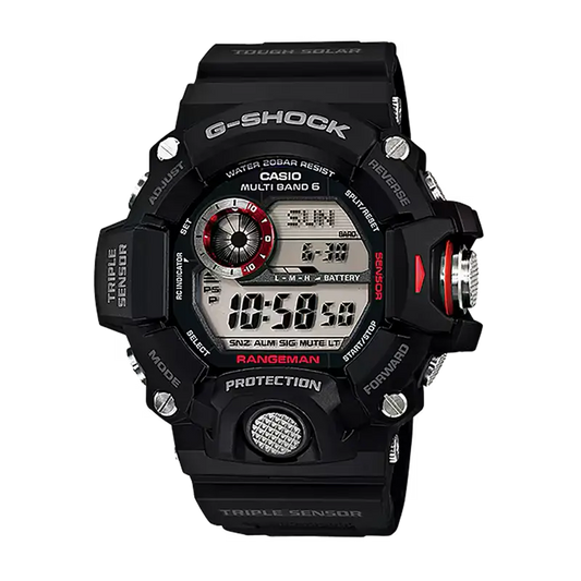 A black Casio G-Shock Rangman wristwatch with a digital display, featuring red accents on the bezel and side buttons, set against a plain white background. G-SHOCK GW9400-1-1
