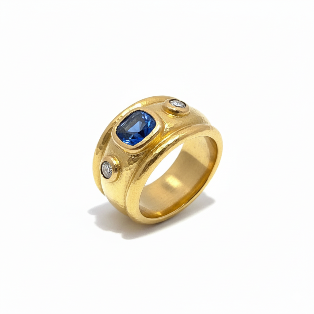 Elizabeth Locke Blue Sapphire and Diamond Puffy Cigar Band Ring