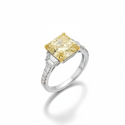 KJ5 Platinum GIA Certified Radiant Cut Fancy Yellow Diamond 3-Stone Engagement Ring
