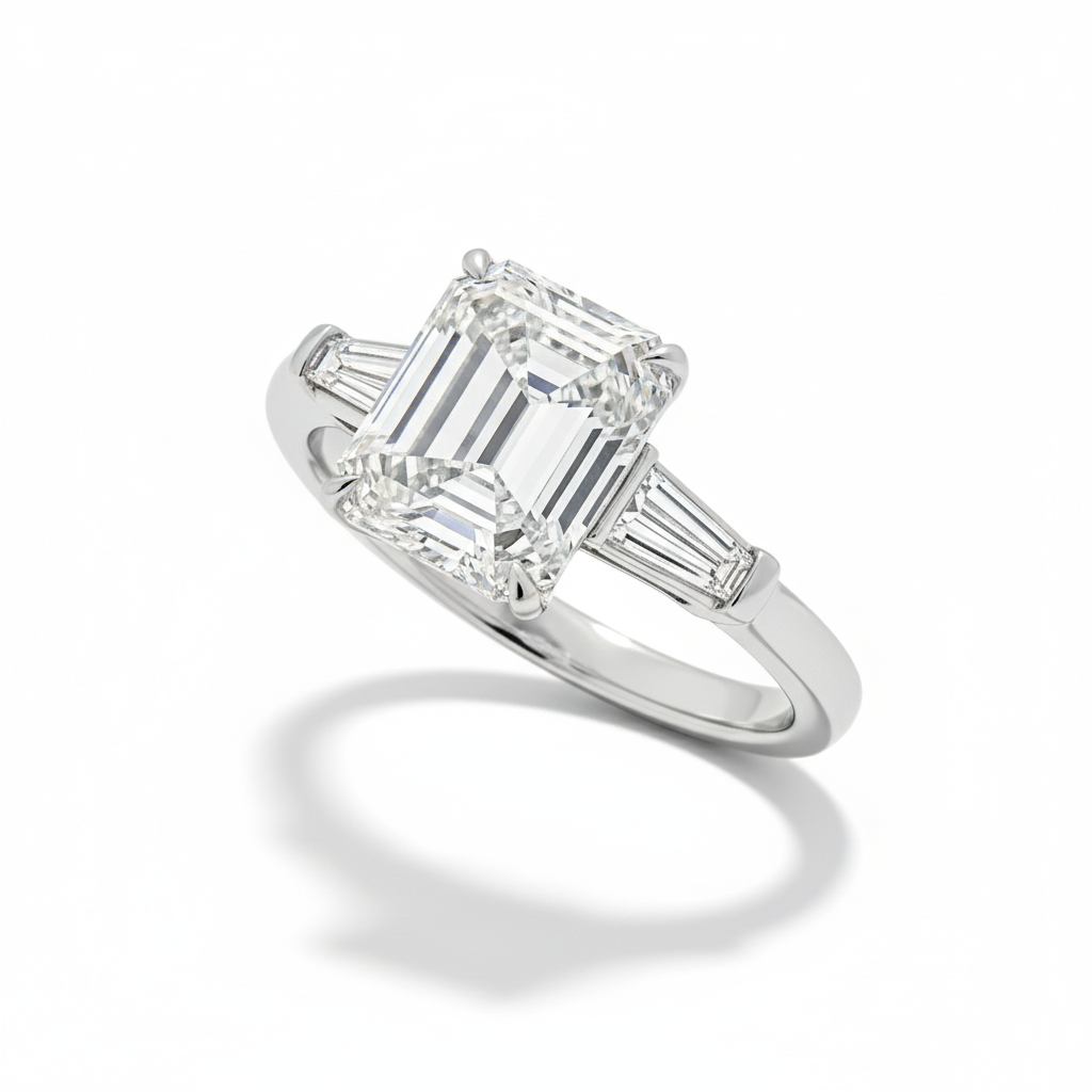 KJ5 Platinum GIA Certified Emerald Cut Diamond 3-Stone Engagement Ring