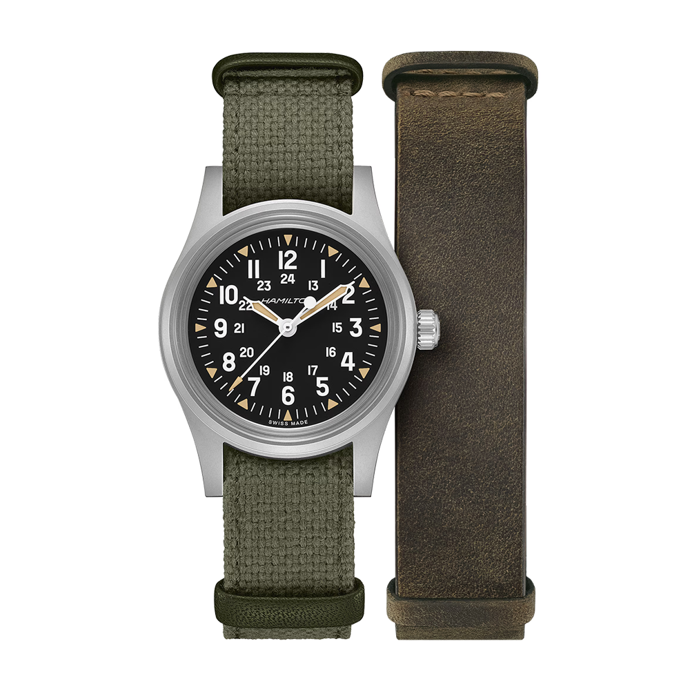 Hamilton Khaki Field Mechanical 250 limited edition watch with green NATO and brown leather straps