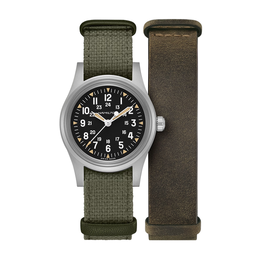 Hamilton Khaki Field Mechanical 250 limited edition watch with green NATO and brown leather straps