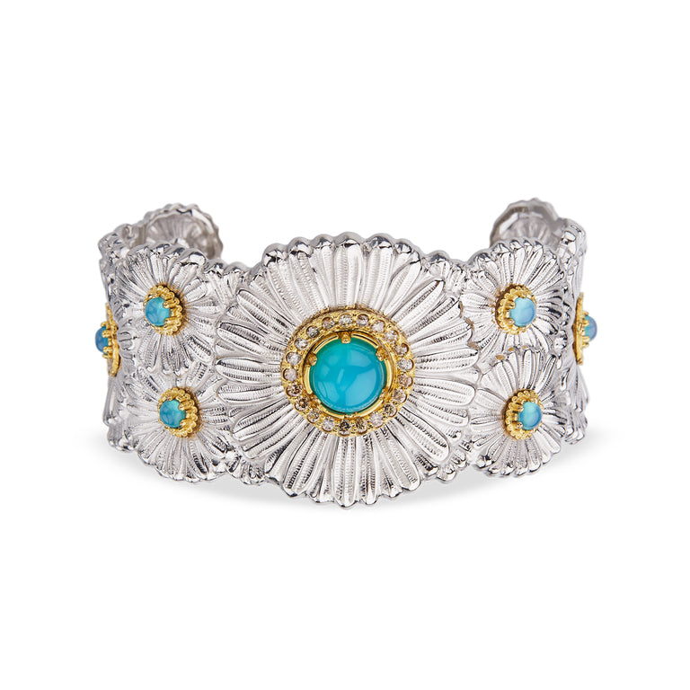 Buccellati Blossoms Daisy Cuff Bracelet in Silver and Vermeil with Light Blue Agate and Fancy Diamonds