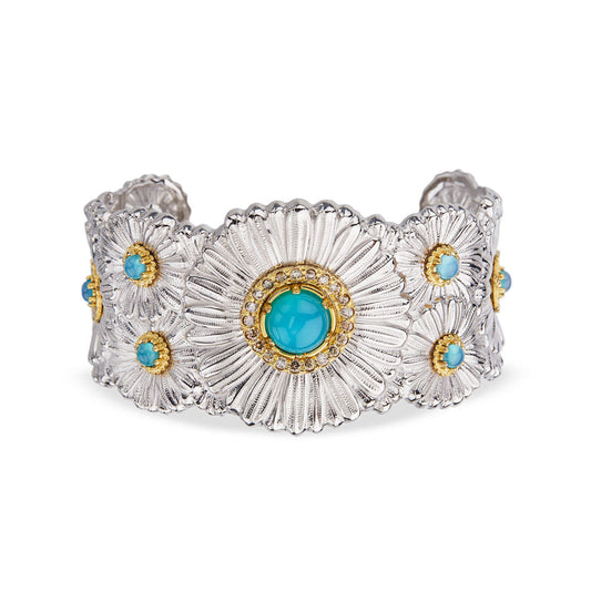 Buccellati Blossoms Daisy Cuff Bracelet in Silver and Vermeil with Light Blue Agate and Fancy Diamonds