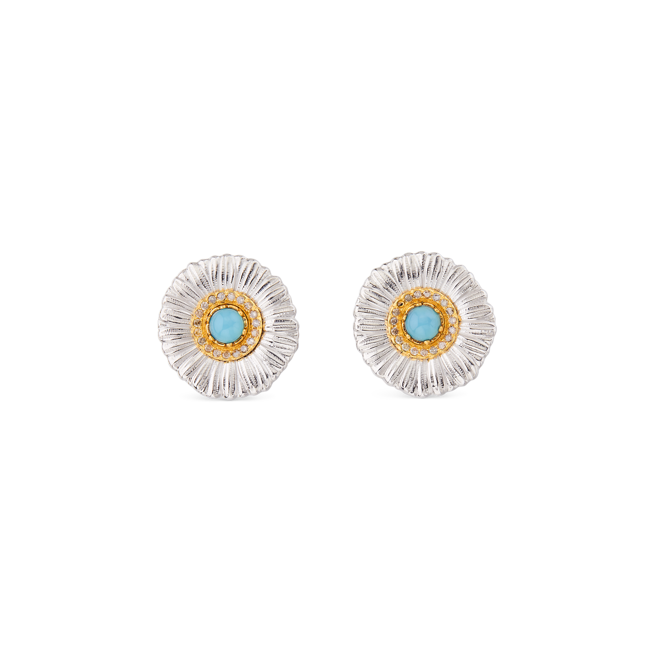 Buccellati Blossoms Silver Button Earrings with Diamonds and Light Blue Agate