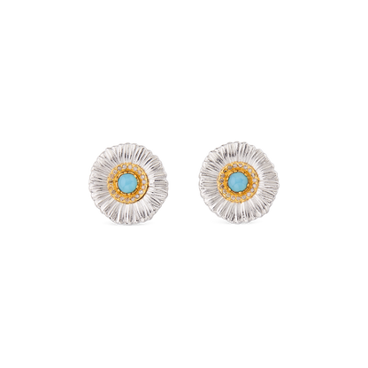 Buccellati Blossoms Silver Button Earrings with Diamonds and Light Blue Agate