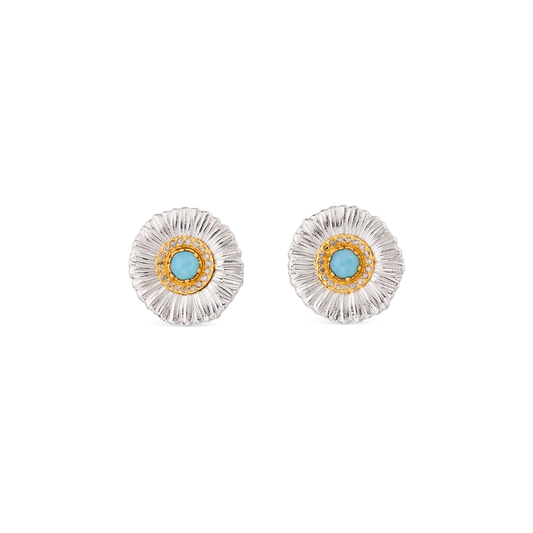Buccellati Blossoms Silver Button Earrings with Diamonds and Light Blue Agate