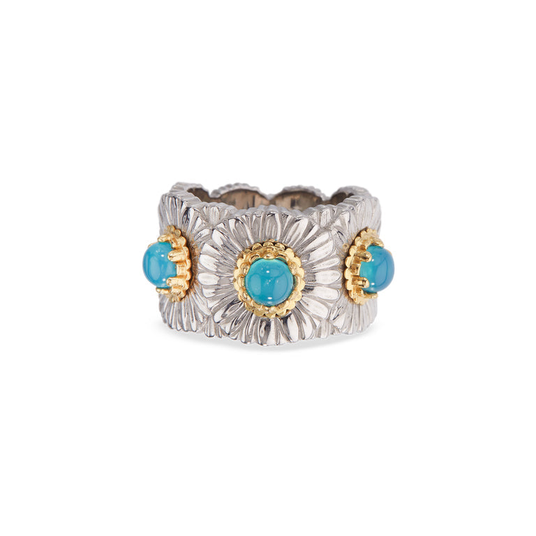 Buccellati Blossoms Daisy Eternelle Ring in Silver and Vermeil with Light Blue Agate