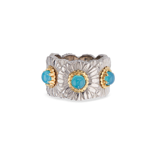 Buccellati Blossoms Daisy Eternelle Ring in Silver and Vermeil with Light Blue Agate
