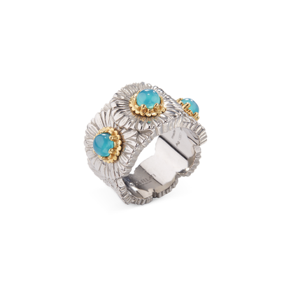 Buccellati Blossoms Daisy Eternelle Ring in Silver and Vermeil with Light Blue Agate
