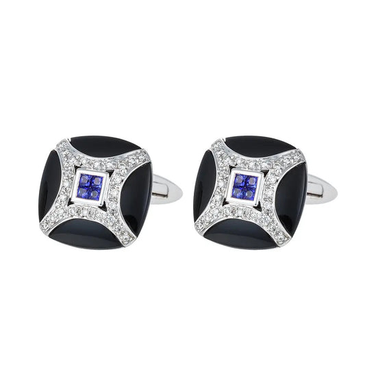 King Jewelers 18K White Gold Onyx Diamond Sapphire Square Cufflinks