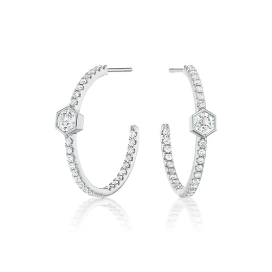 King Jewelers 18K White Gold Hexagon Diamond Hoop Earrings