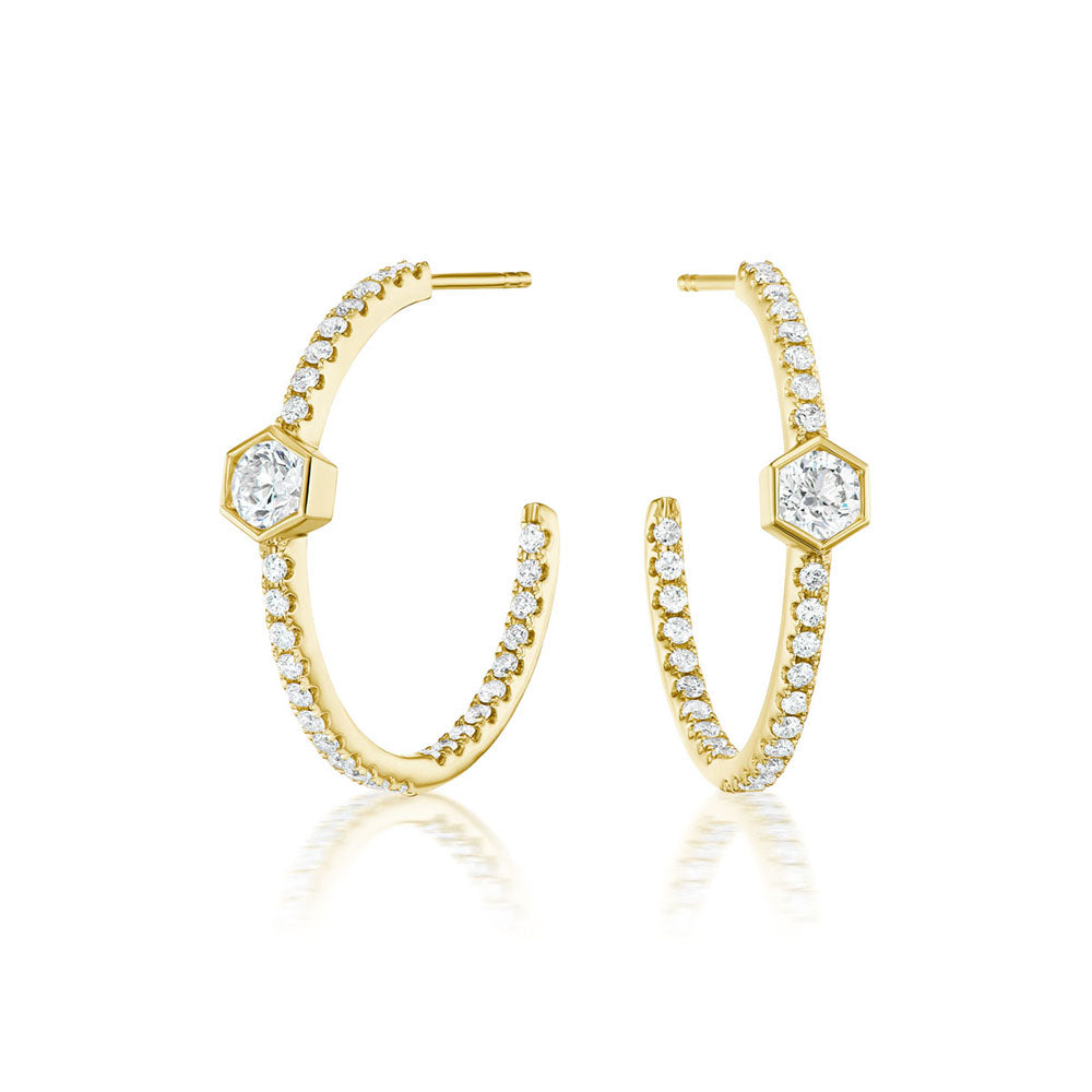 King Jewelers 18K Yellow Gold Hexagon Diamond Hoop Earrings